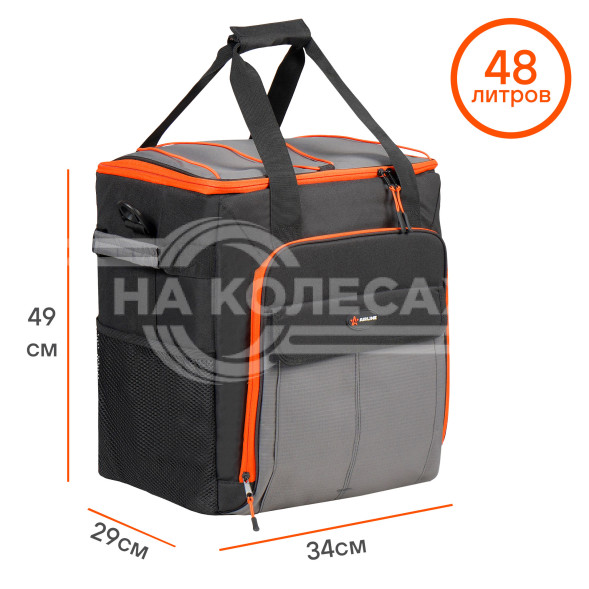 Сумка-холодильник (термосумка) на колесах с телескоп.ручкой 48 л, водонепр., черн./сер./оранж.