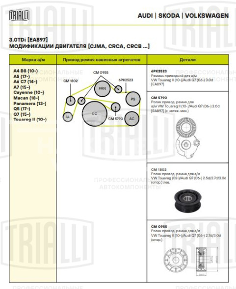 Ролик приводного ремня для автомобилей SsangYong Kyron (05-)/Actyon (05-) 2.0XDi/VW Touareg (02-)/Audi Q7 (06-) 2.5TDi/2.7TDi/3.0TDI /Mercedes Sprinter (00-)/M W164 (05-) (опорный)