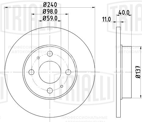 Диск тормозной задний для автомобилей Fiat 500 (07-) / Punto (93-) / Panda (03-) / Ford Ka (08-) d=240