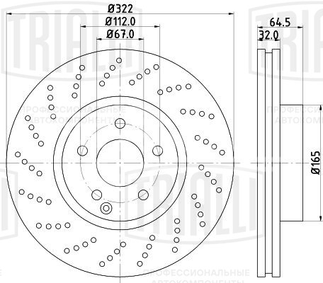 Диск тормозной для автомобилей Mercedes C (W204) (07-) / E (W212) (09-) передний d=322 перфорированный (для а/м с AMG-пакетом)