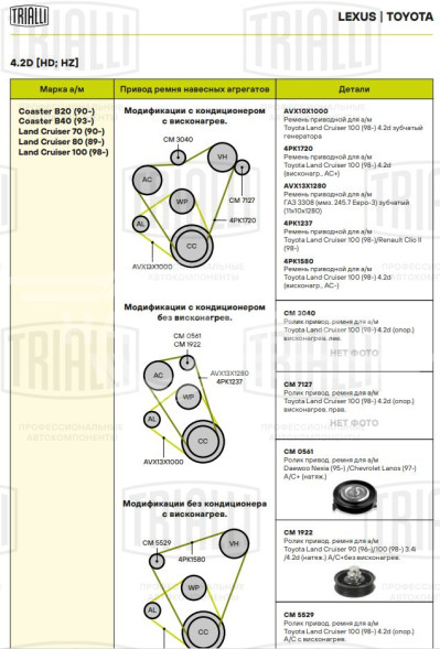 Ролик привод. ремня для автомобилей Toyota Land Cruiser 100 (98-) 4.2d [HD] / Land Cruiser 90 (96-) 3.4i [VZ]/4Runner (95-)/Hilux (97-) 2.7i/3.4i [RZ] (натяжной) компрессора кондиционера без висконагревателя (CM 1922)