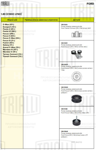 Ролик приводного ремня для автомобилей Ford Focus II (05-)/Mondeo IV (07-) 1.8d (опорный) d76