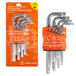 Набор Г-образных ключей TORX инбус с отв. коротких 9 предметов (Т10, Т15, Т20, Т25, Т27, Т30, Т40, Т45, Т50) пласт.подвес