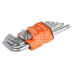 Набор Г-образных ключей TORX инбус с отв. коротких 9 предметов (Т10, Т15, Т20, Т25, Т27, Т30, Т40, Т45, Т50) пласт.подвес