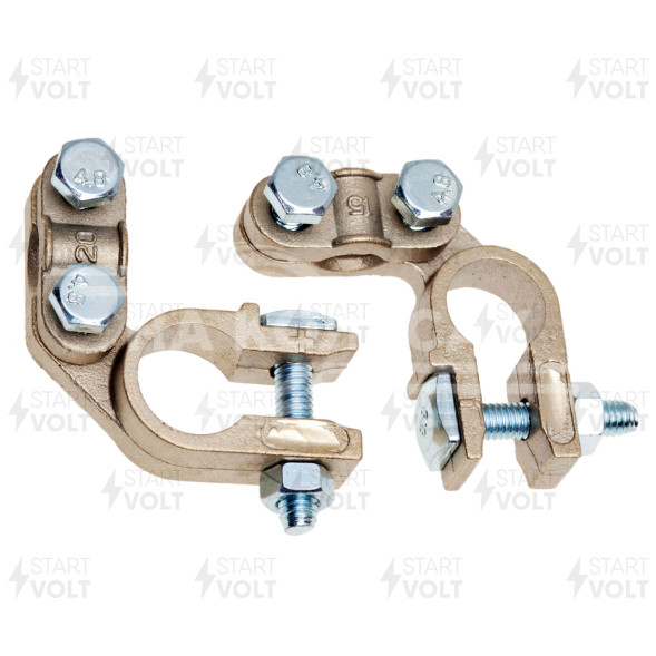 Клеммы АКБ в комплекте сплав цинка и меди, прижимная планка (левое (-), правое (+)) до 50 мм