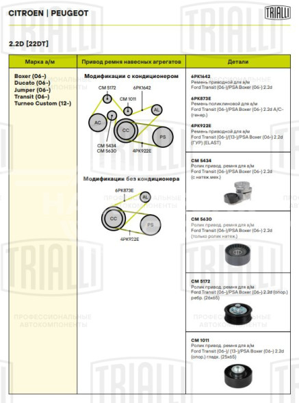 Ролик привод. ремня для автомобилей Ford Transit (00-)/Transit (06-)/Transit (13-)/Peugeot Boxer (06-)/Citroen Jumper (06-) 2.0TDCi/2.2TDCi (опорный) гладкий (25x65) (CM 1011)