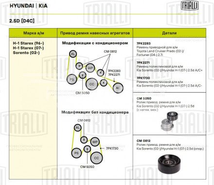 Ролик приводный ремня для автомобилей Kia Sorento (02-)/Hyundai H-1 (07-) 2.5d (опорный) (CM 0812)