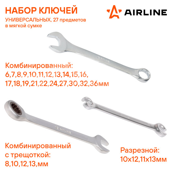 Набор ключей универсальный 27 пр. (комб. 6-36мм, комб. с трещоткой 8,10,12,13мм, разрезные 10x12,11x13мм) сумка PRO