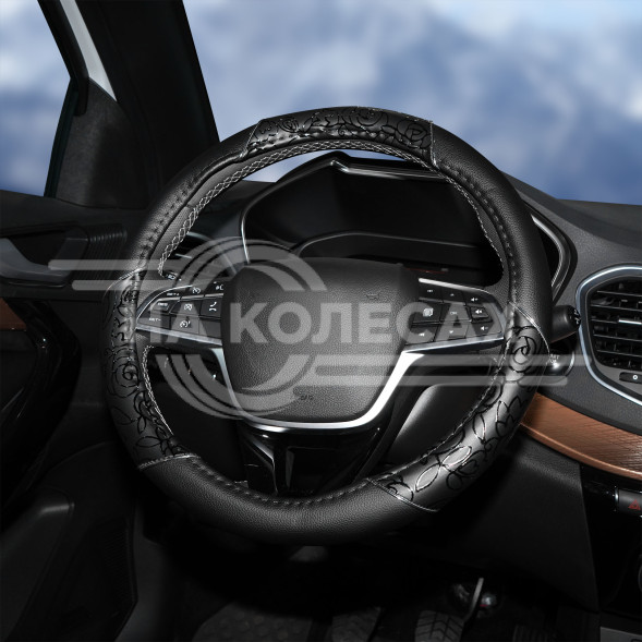 Оплетка на руль, искусственная кожа, женская модель, черная/принт, 38 см / M